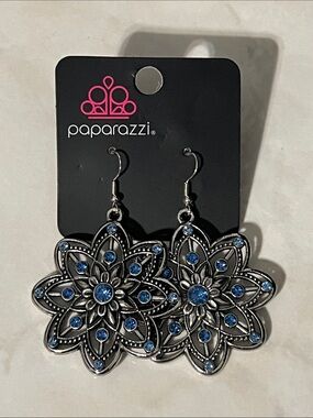 Paparazzi Silver-Tone Blue Floral Mandala Drop Earrings